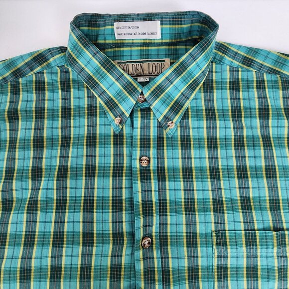 Vtg Cotton Plaid Long Sleeve Collared Button Down Shirt Turquoise Green Yellow - Picture 1 of 16